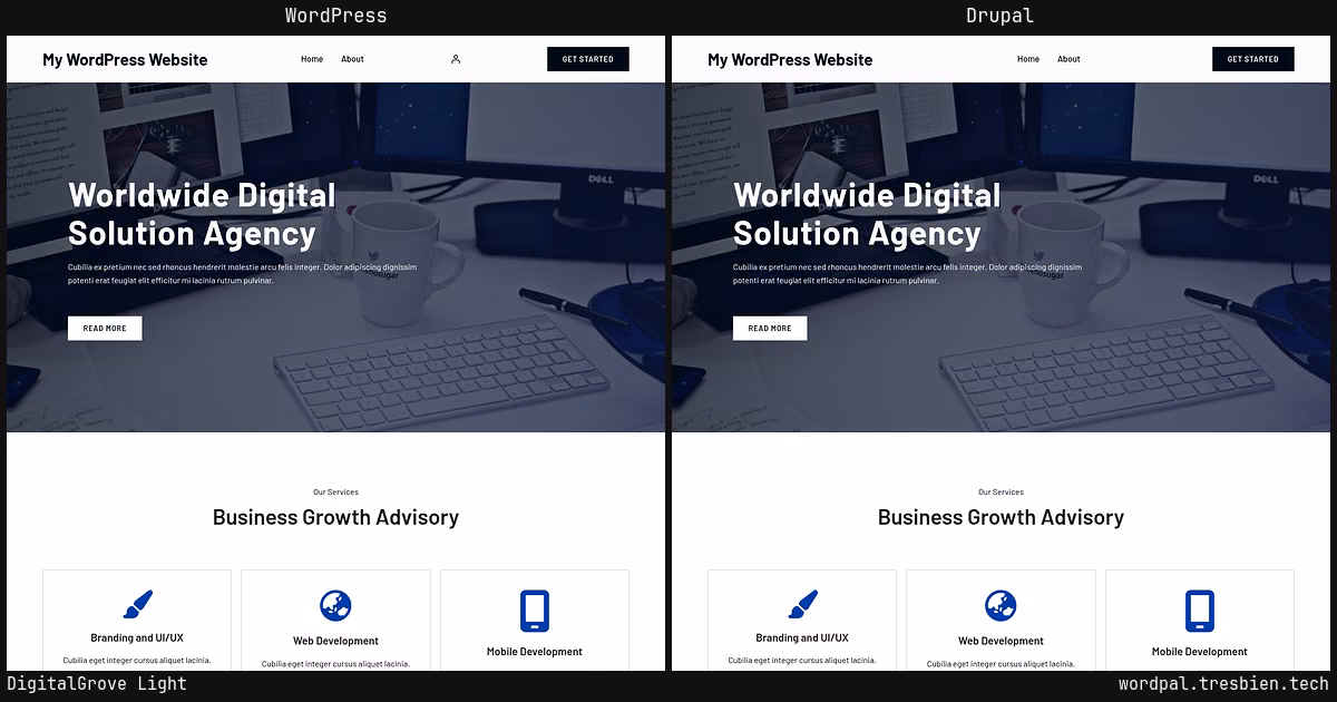 DigitalGrove Light home page: WordPress original on the left, Drupal conversion by WordPal on the right. 7 elements differ.