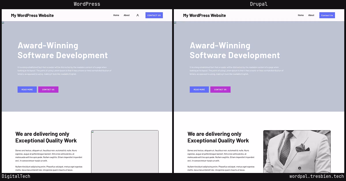 DigitalTech home page: WordPress original on the left, Drupal conversion by WordPal on the right. 6 elements differ.