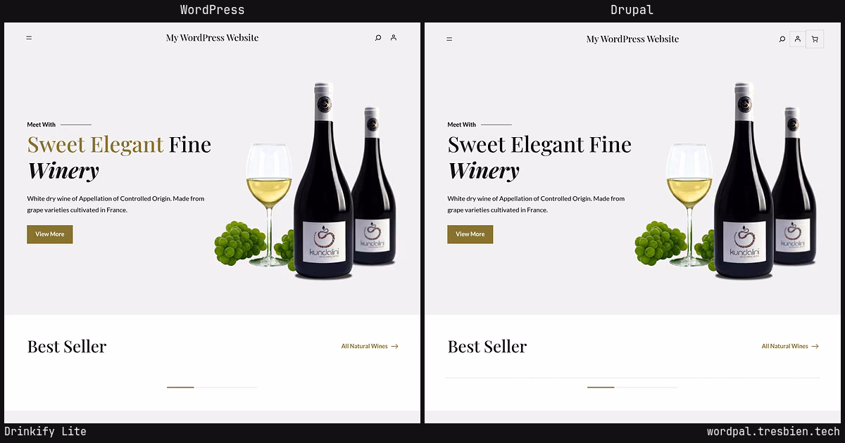 Drinkify Lite home page: WordPress original on the left, Drupal conversion by WordPal on the right. 5 elements differ.