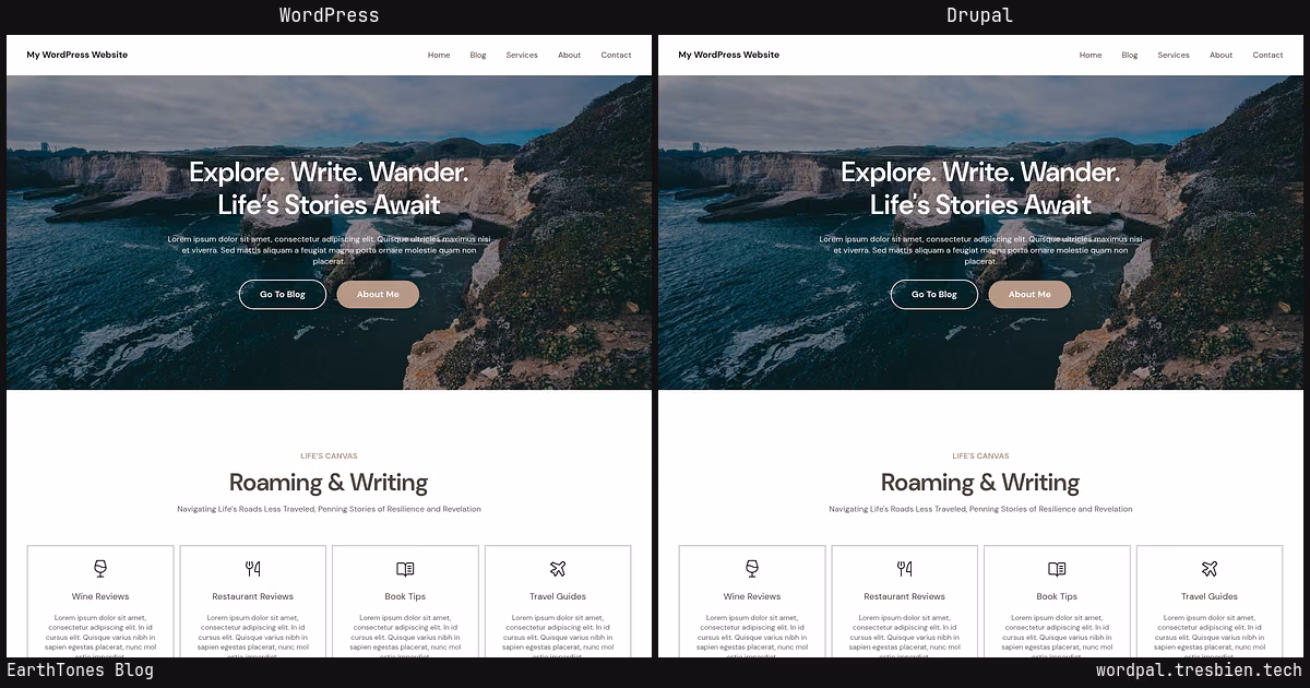 EarthTones Blog home page: WordPress original on the left, Drupal conversion by WordPal on the right. 2 elements differ.