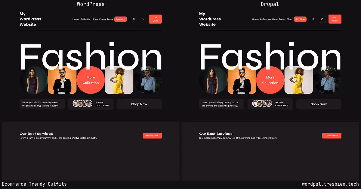 Ecommerce Trendy Outfits home page: WordPress original on the left, Drupal conversion by WordPal on the right. 10 elements differ.