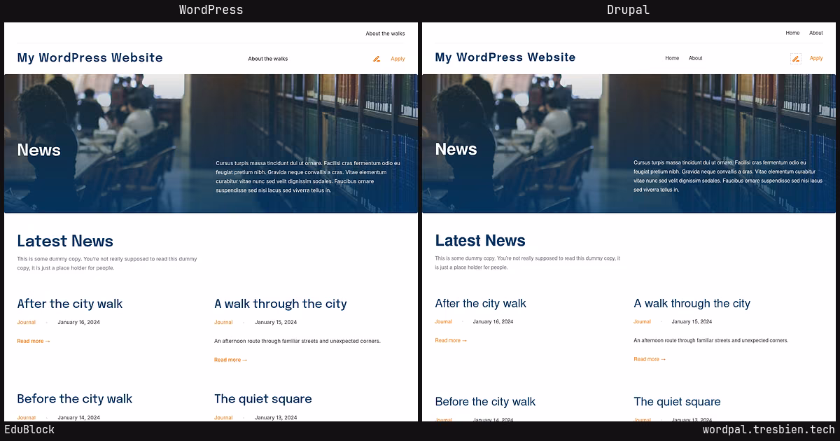 EduBlock home page: WordPress original on the left, Drupal conversion by WordPal on the right. 3 elements differ.