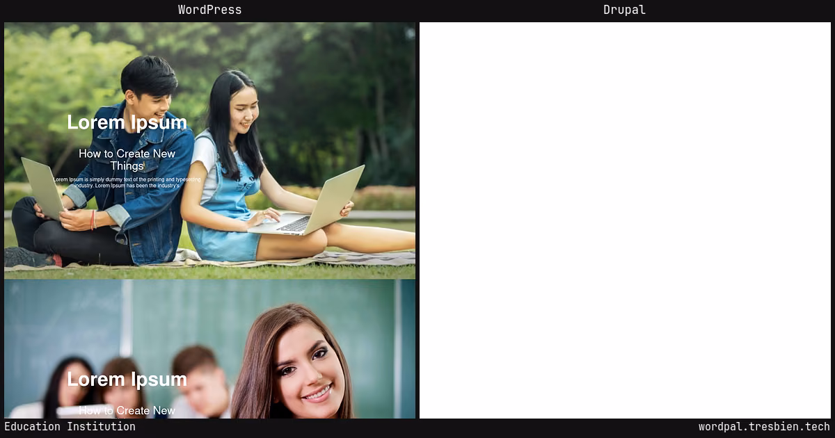 Education Institution home page: WordPress original on the left, Drupal conversion by WordPal on the right. 7 elements differ.