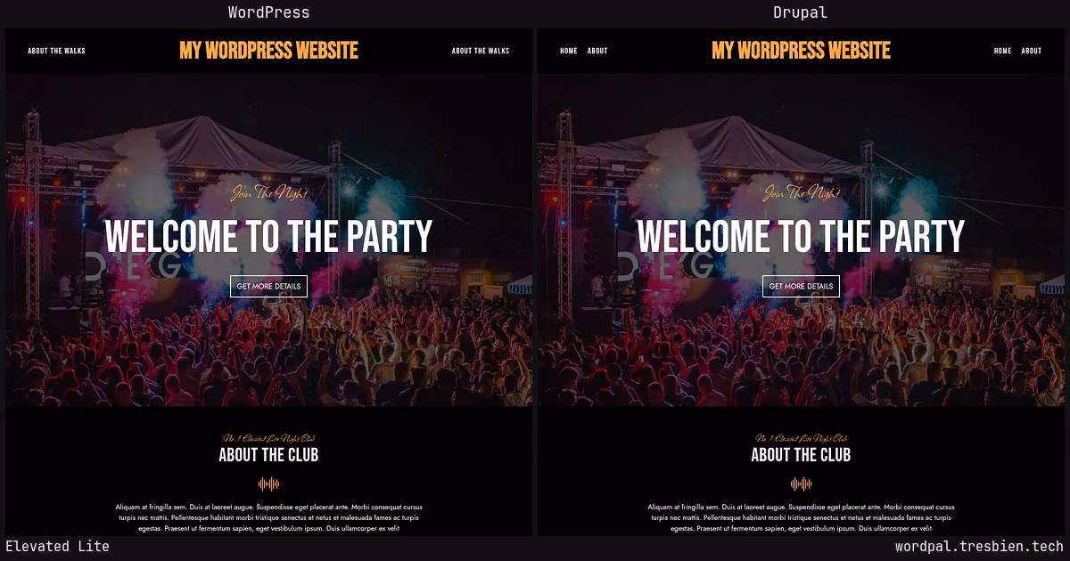 Elevated Lite home page: WordPress original on the left, Drupal conversion by WordPal on the right. 6 elements differ.