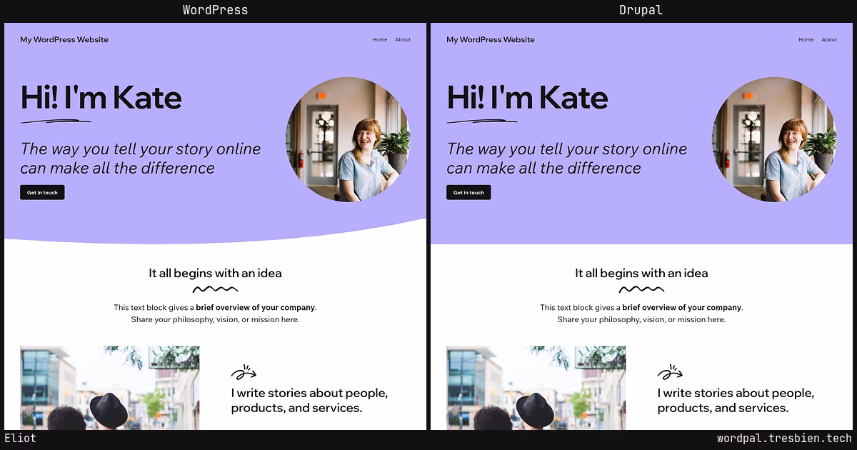 Eliot home page: WordPress original on the left, Drupal conversion by WordPal on the right. 1 elements differ.