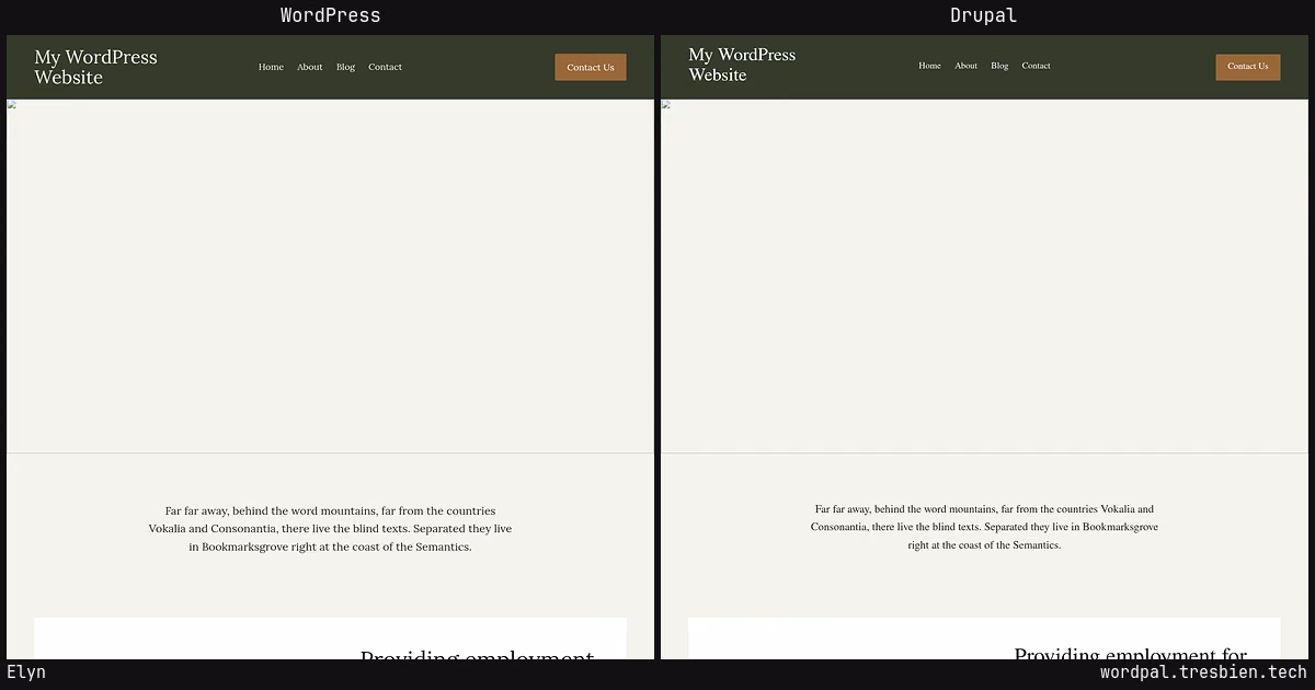 Elyn home page: WordPress original on the left, Drupal conversion by WordPal on the right.