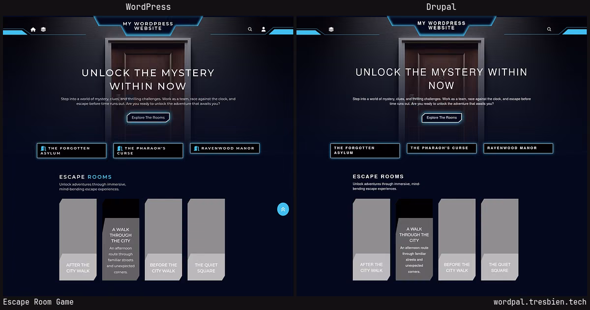 Escape Room Game home page: WordPress original on the left, Drupal conversion by WordPal on the right. 15 elements differ.