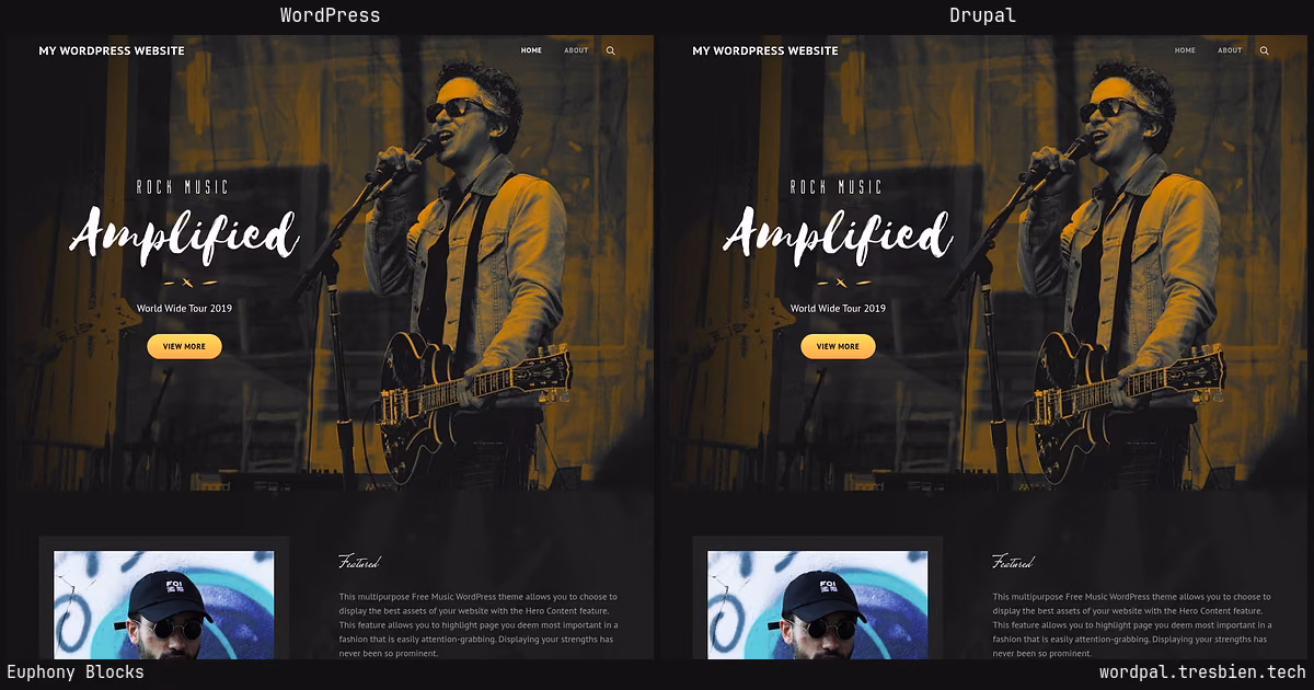 Euphony Blocks home page: WordPress original on the left, Drupal conversion by WordPal on the right. 2 elements differ.