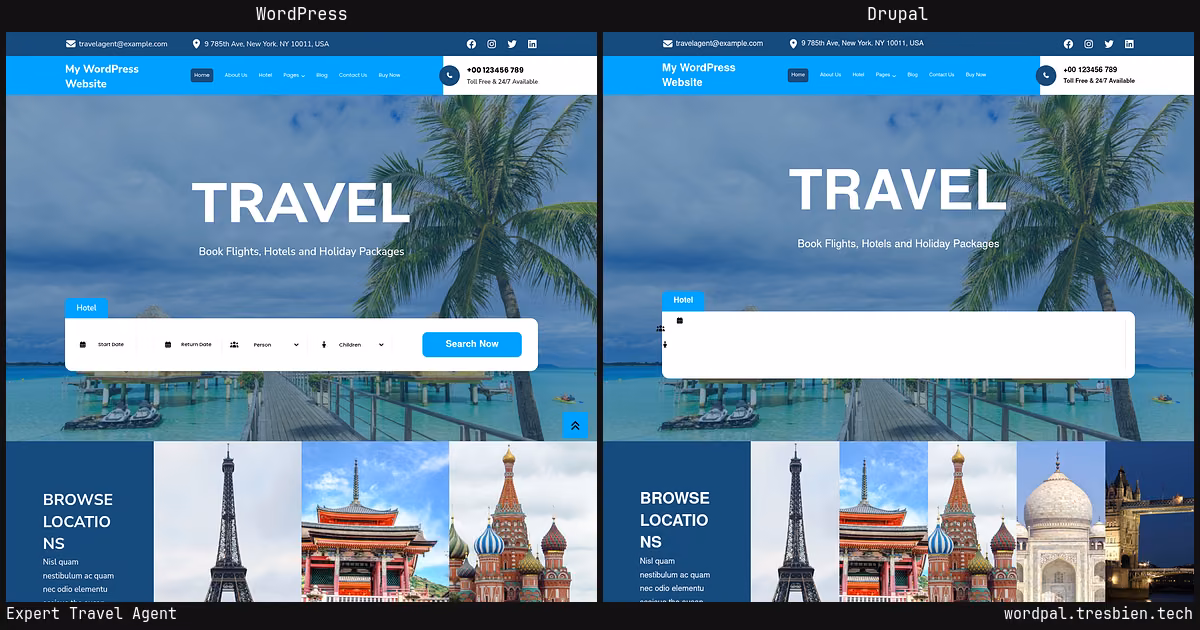 Expert Travel Agent home page: WordPress original on the left, Drupal conversion by WordPal on the right. 11 elements differ.