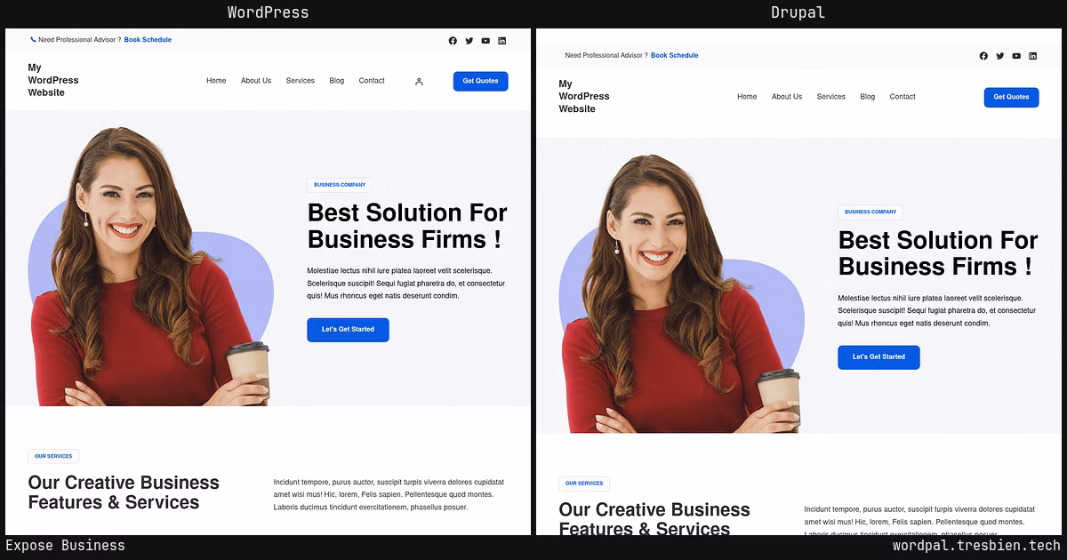 Expose Business home page: WordPress original on the left, Drupal conversion by WordPal on the right. 6 elements differ.