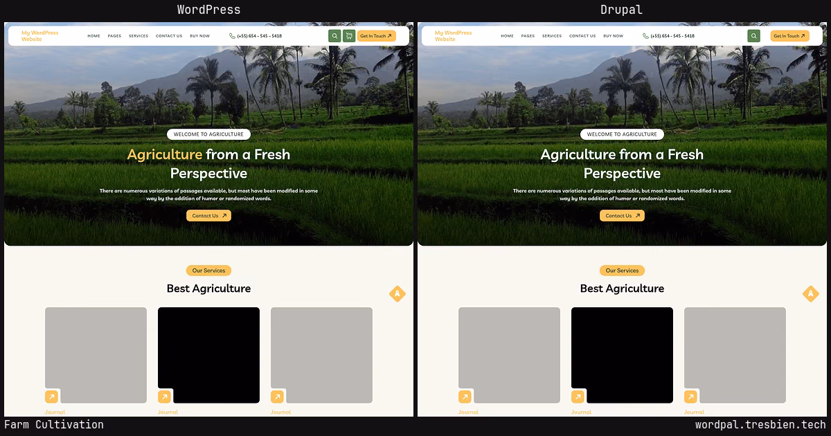 Farm Cultivation home page: WordPress original on the left, Drupal conversion by WordPal on the right. 11 elements differ.