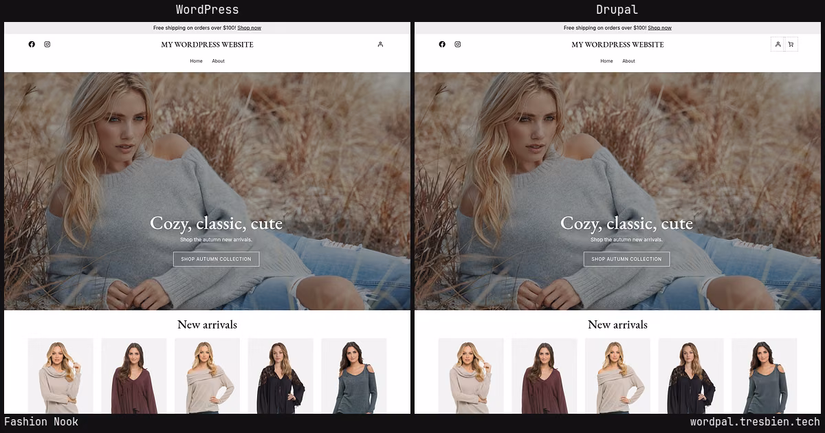 Fashion Nook home page: WordPress original on the left, Drupal conversion by WordPal on the right.