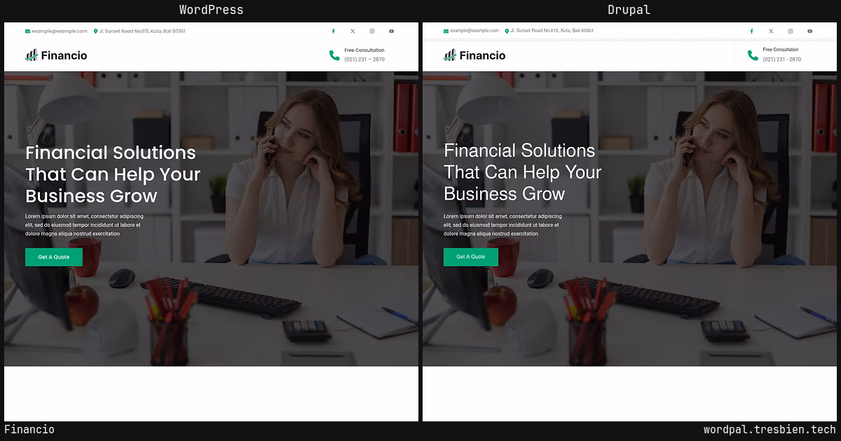 Financio home page: WordPress original on the left, Drupal conversion by WordPal on the right.