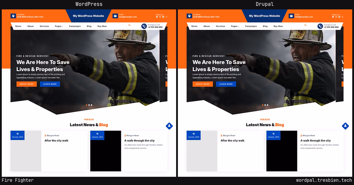 Fire Fighter home page: WordPress original on the left, Drupal conversion by WordPal on the right.