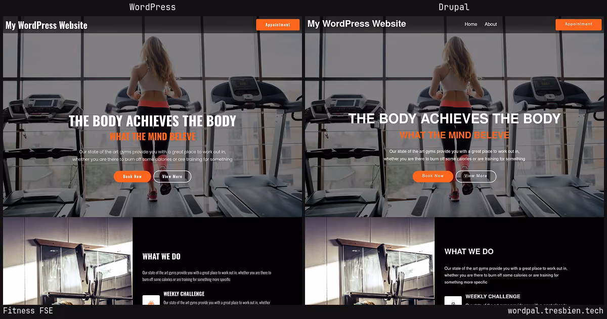 Fitness FSE home page: WordPress original on the left, Drupal conversion by WordPal on the right. 2 elements differ.