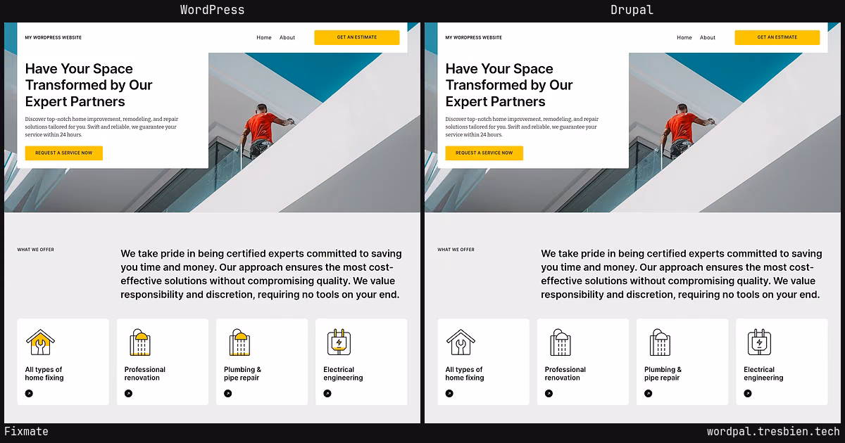 Fixmate home page: WordPress original on the left, Drupal conversion by WordPal on the right. 15 elements differ.
