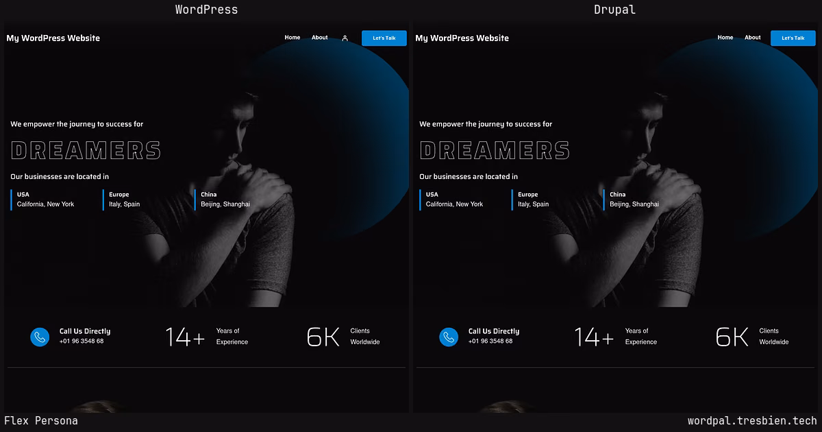 Flex Persona home page: WordPress original on the left, Drupal conversion by WordPal on the right. 19 elements differ.