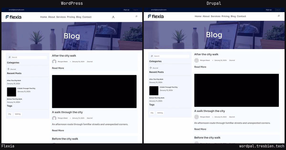 Flexia home page: WordPress original on the left, Drupal conversion by WordPal on the right. 8 elements differ.
