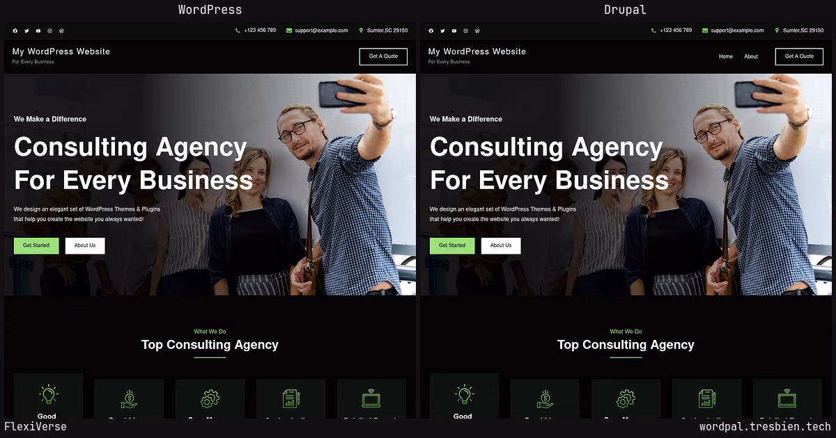FlexiVerse home page: WordPress original on the left, Drupal conversion by WordPal on the right. 1 elements differ.