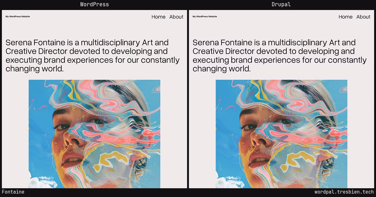 Fontaine home page: WordPress original on the left, Drupal conversion by WordPal on the right.