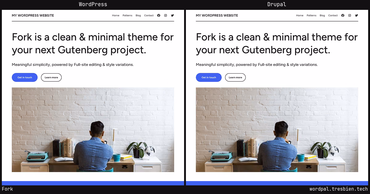 Fork home page: WordPress original on the left, Drupal conversion by WordPal on the right.