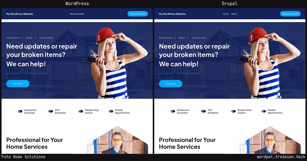 Fota Home Solutions home page: WordPress original on the left, Drupal conversion by WordPal on the right. 4 elements differ.