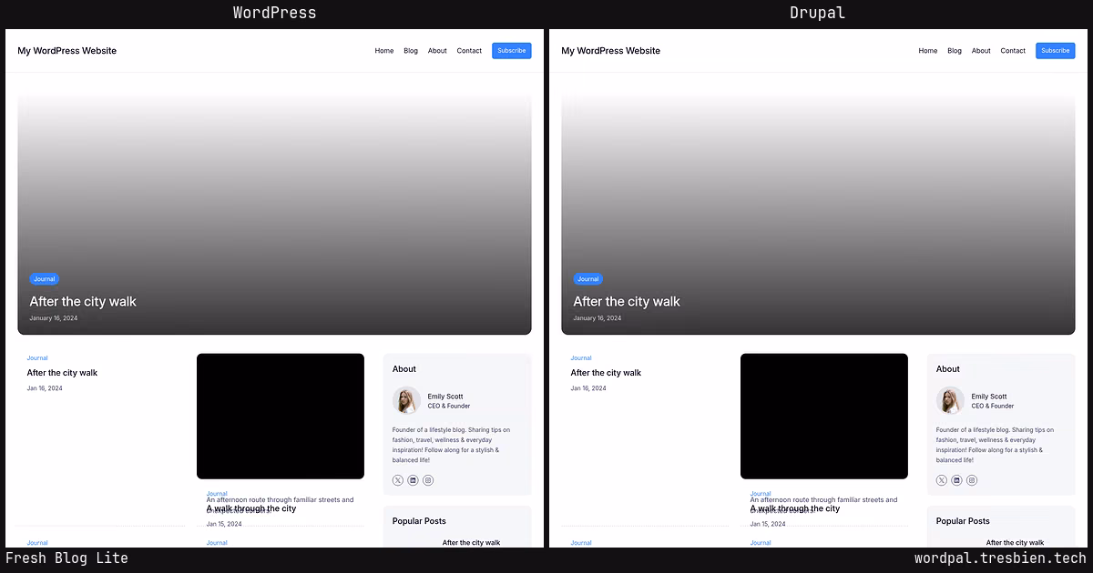 Fresh Blog Lite home page: WordPress original on the left, Drupal conversion by WordPal on the right.