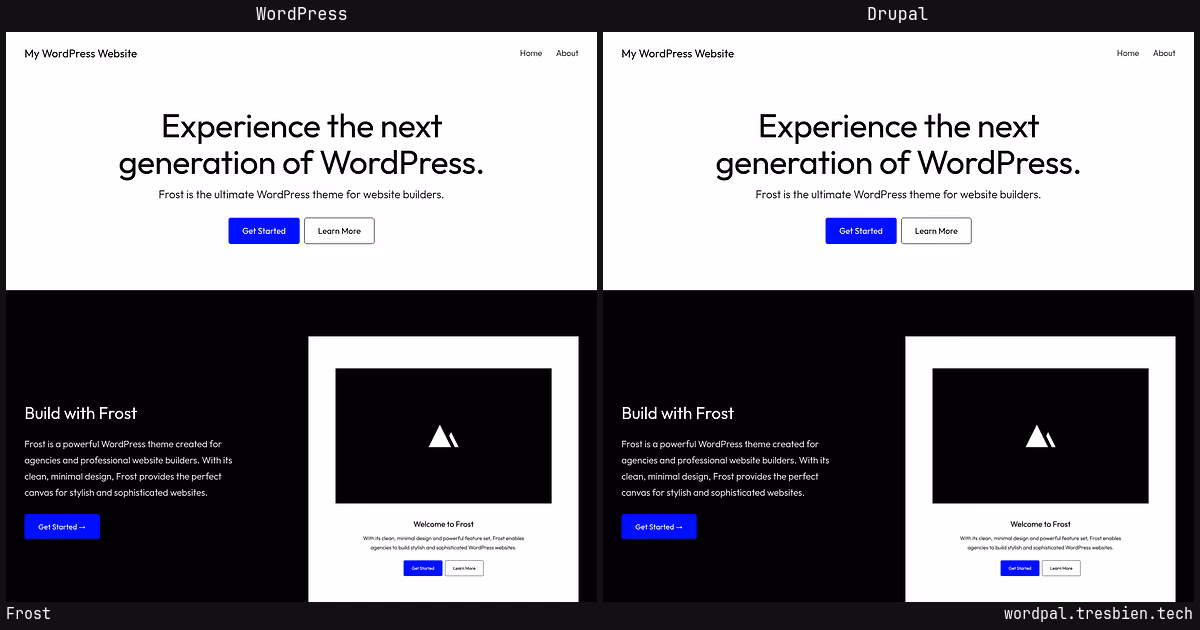 Frost home page: WordPress original on the left, Drupal conversion by WordPal on the right.