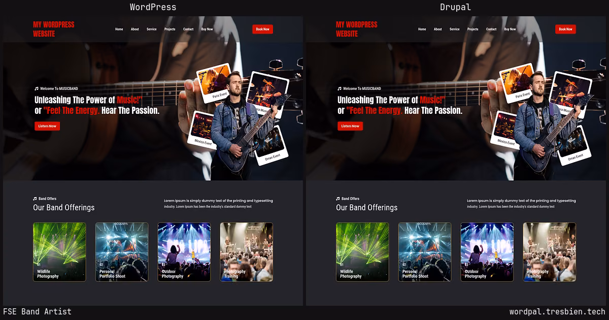 FSE Band Artist home page: WordPress original on the left, Drupal conversion by WordPal on the right. 7 elements differ.