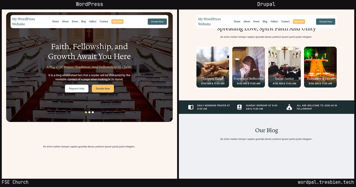 FSE Church home page: WordPress original on the left, Drupal conversion by WordPal on the right. 8 elements differ.