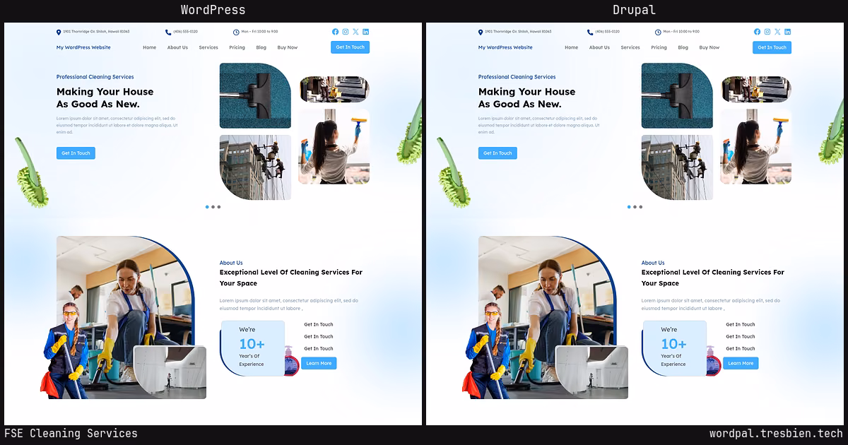 FSE Cleaning Services home page: WordPress original on the left, Drupal conversion by WordPal on the right. 1 elements differ.