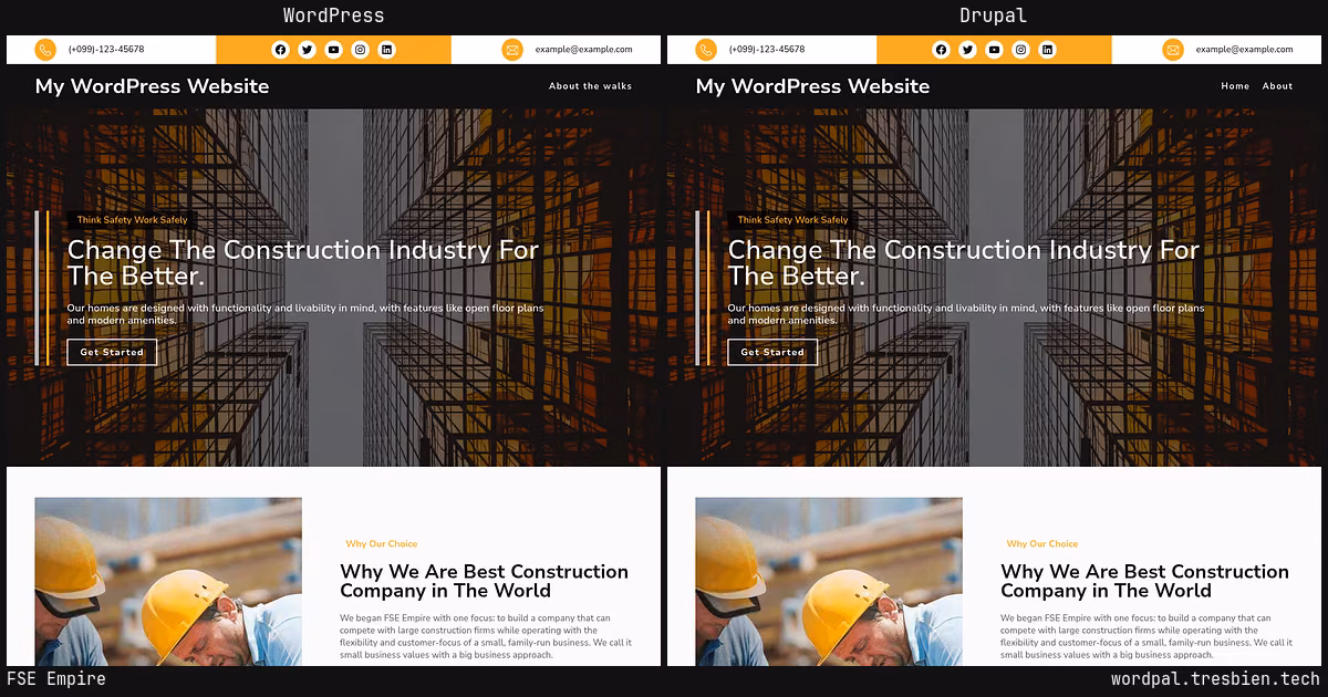 FSE Empire home page: WordPress original on the left, Drupal conversion by WordPal on the right. 1 elements differ.