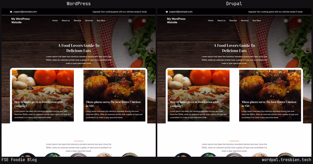 FSE Foodie Blog home page: WordPress original on the left, Drupal conversion by WordPal on the right. 2 elements differ.