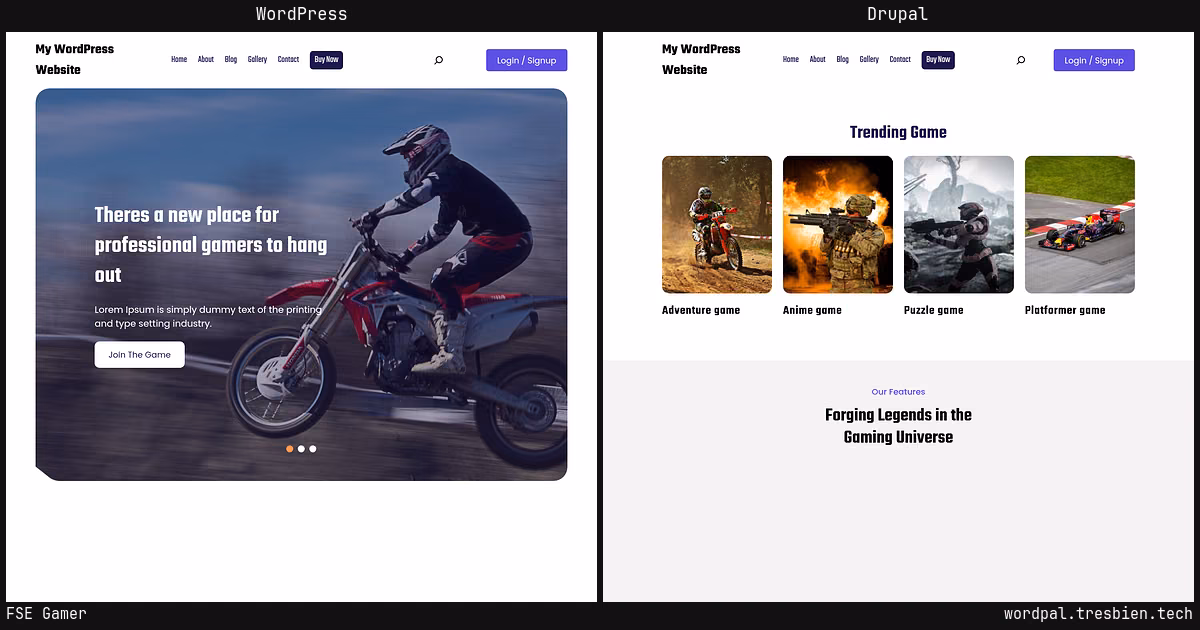 FSE Gamer home page: WordPress original on the left, Drupal conversion by WordPal on the right. 4 elements differ.