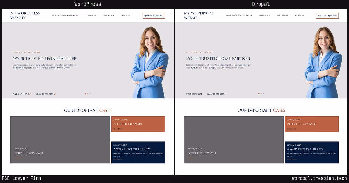 FSE Lawyer Firm home page: WordPress original on the left, Drupal conversion by WordPal on the right. 11 elements differ.