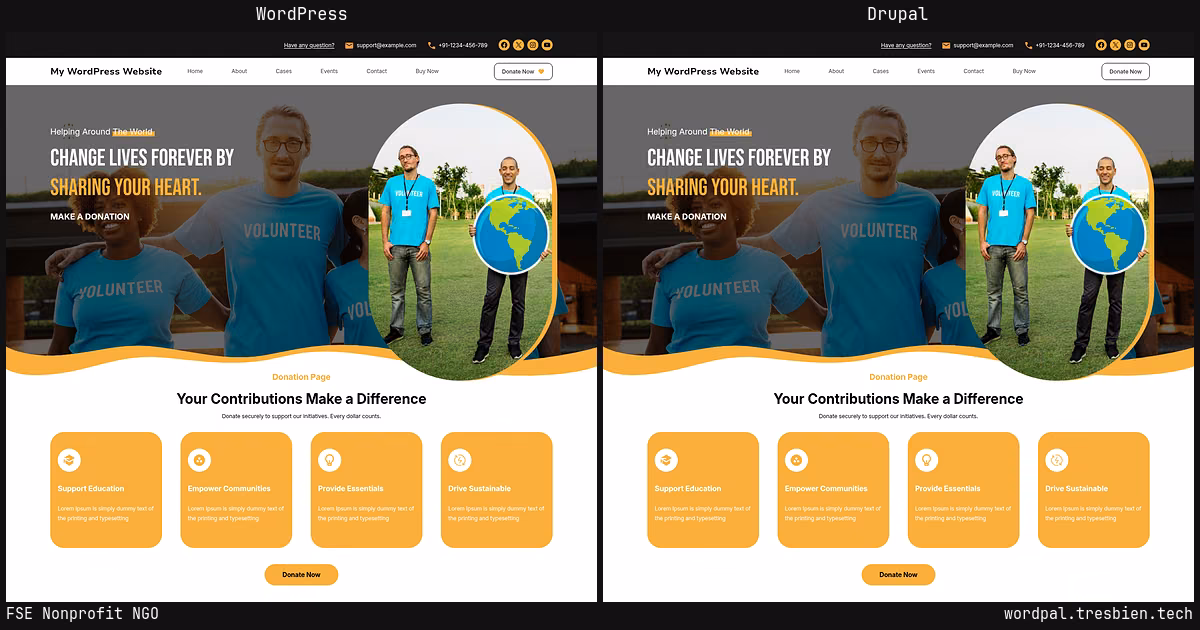 FSE Nonprofit NGO home page: WordPress original on the left, Drupal conversion by WordPal on the right. 4 elements differ.