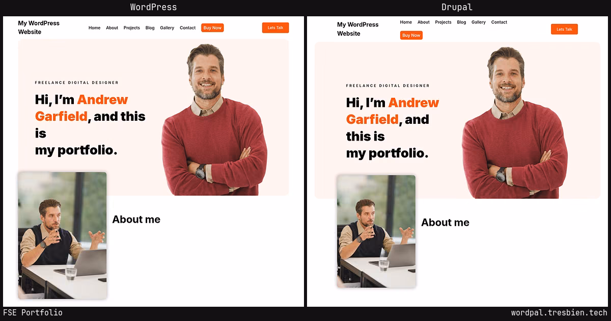 FSE Portfolio home page: WordPress original on the left, Drupal conversion by WordPal on the right. 7 elements differ.