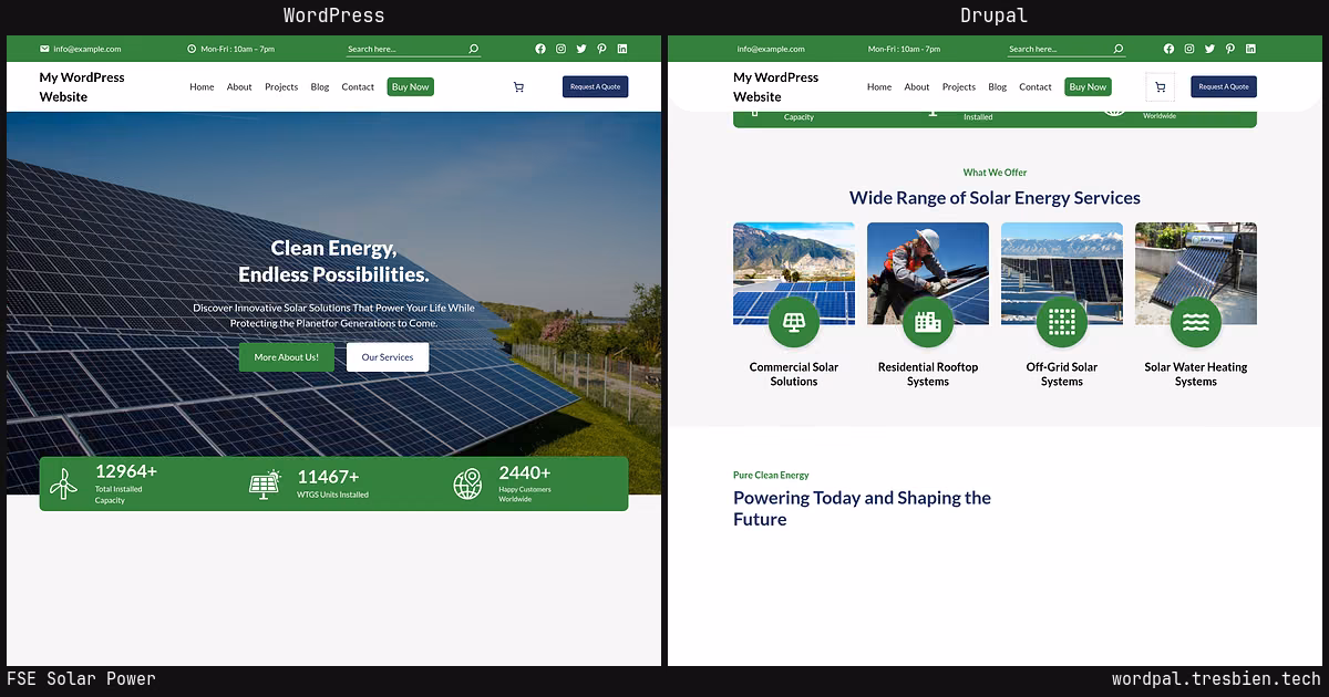 FSE Solar Power home page: WordPress original on the left, Drupal conversion by WordPal on the right. 7 elements differ.