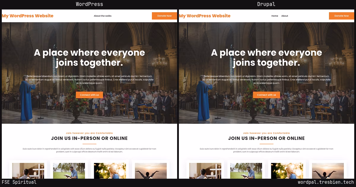 FSE Spiritual home page: WordPress original on the left, Drupal conversion by WordPal on the right. 4 elements differ.
