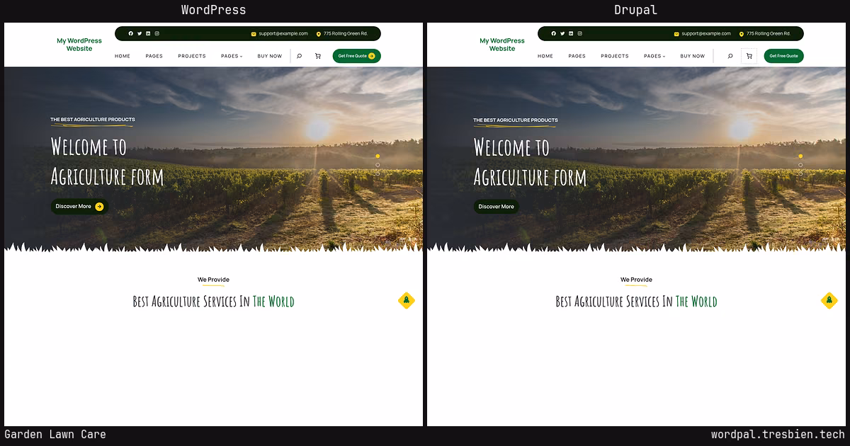 Garden Lawn Care home page: WordPress original on the left, Drupal conversion by WordPal on the right. 19 elements differ.
