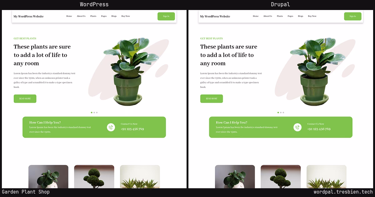 Garden Plant Shop home page: WordPress original on the left, Drupal conversion by WordPal on the right. 2 elements differ.