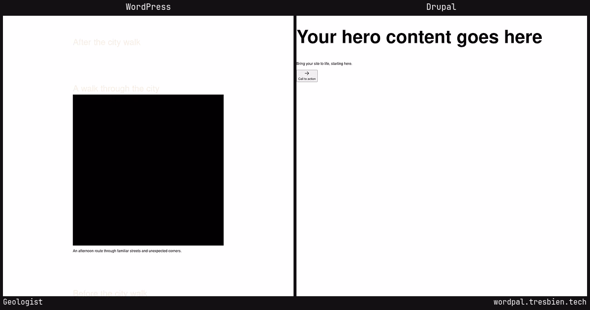 Geologist home page: WordPress original on the left, Drupal conversion by WordPal on the right.