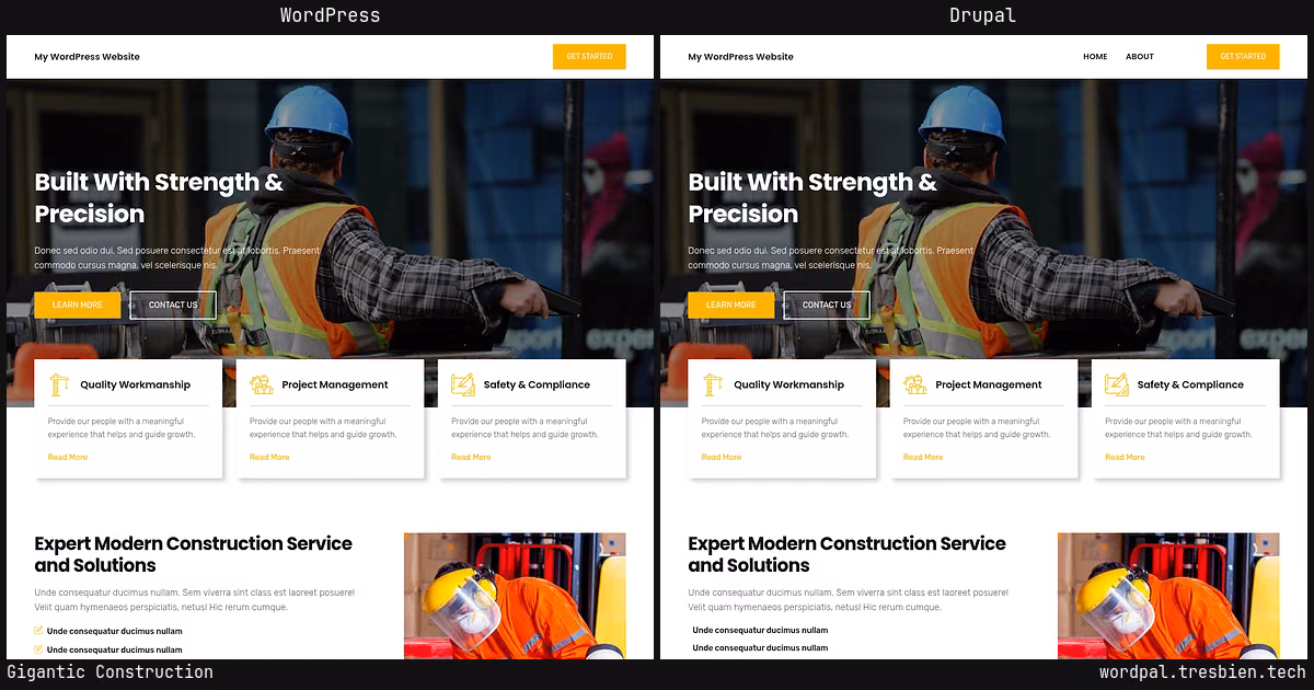 Gigantic Construction home page: WordPress original on the left, Drupal conversion by WordPal on the right.