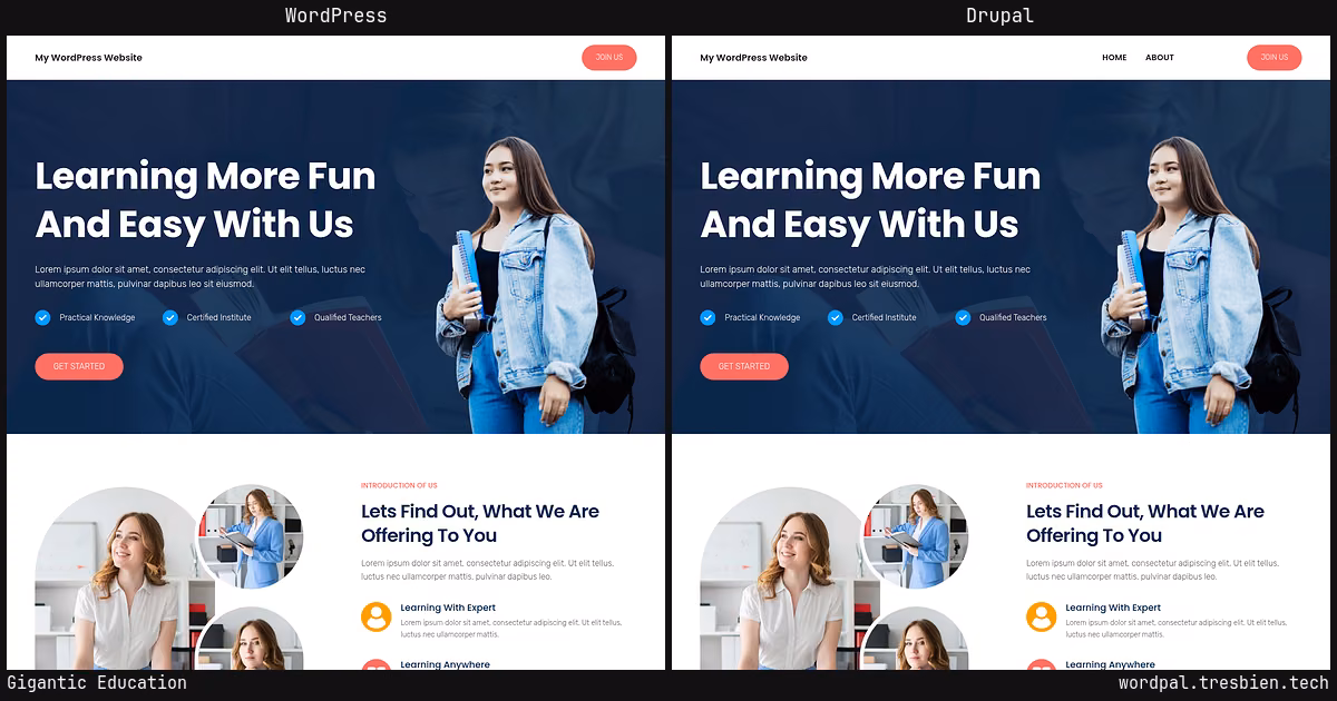 Gigantic Education home page: WordPress original on the left, Drupal conversion by WordPal on the right. 3 elements differ.