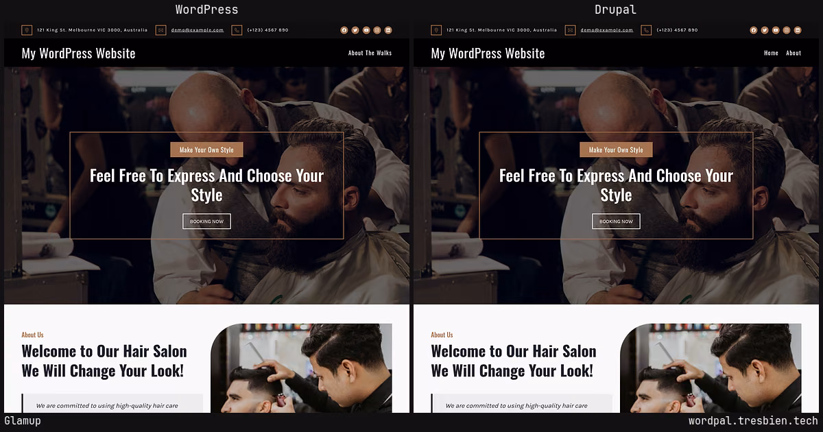 Glamup home page: WordPress original on the left, Drupal conversion by WordPal on the right. 2 elements differ.