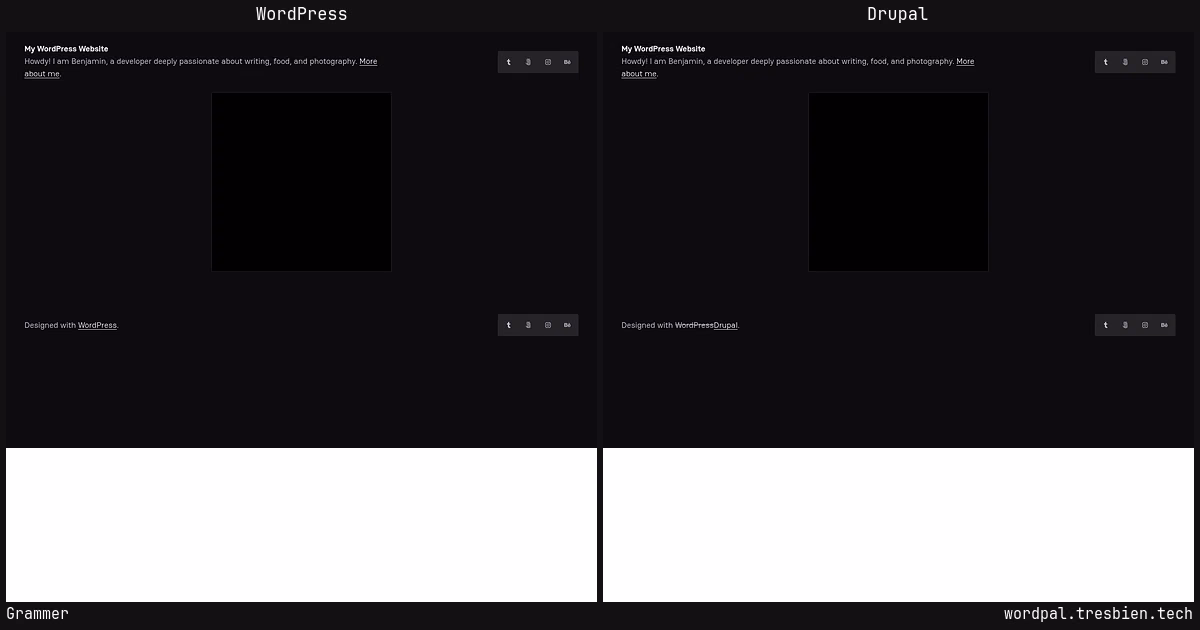 Grammer home page: WordPress original on the left, Drupal conversion by WordPal on the right.