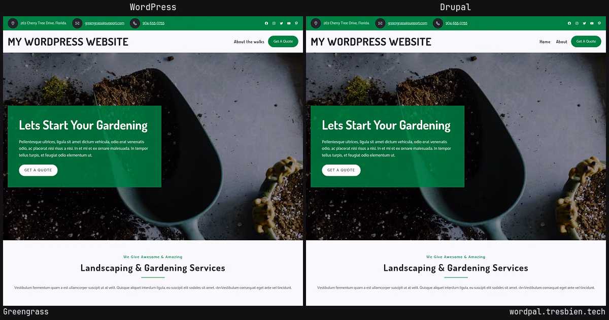 Greengrass home page: WordPress original on the left, Drupal conversion by WordPal on the right. 2 elements differ.