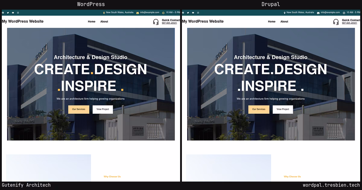 Gutenify Architech home page: WordPress original on the left, Drupal conversion by WordPal on the right. 33 elements differ.
