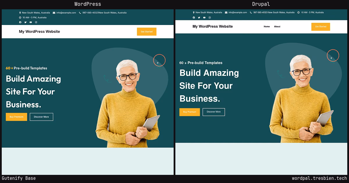 Gutenify Base home page: WordPress original on the left, Drupal conversion by WordPal on the right. 5 elements differ.