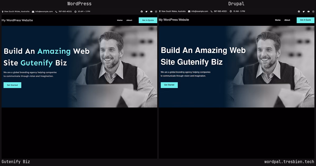 Gutenify Biz home page: WordPress original on the left, Drupal conversion by WordPal on the right. 4 elements differ.